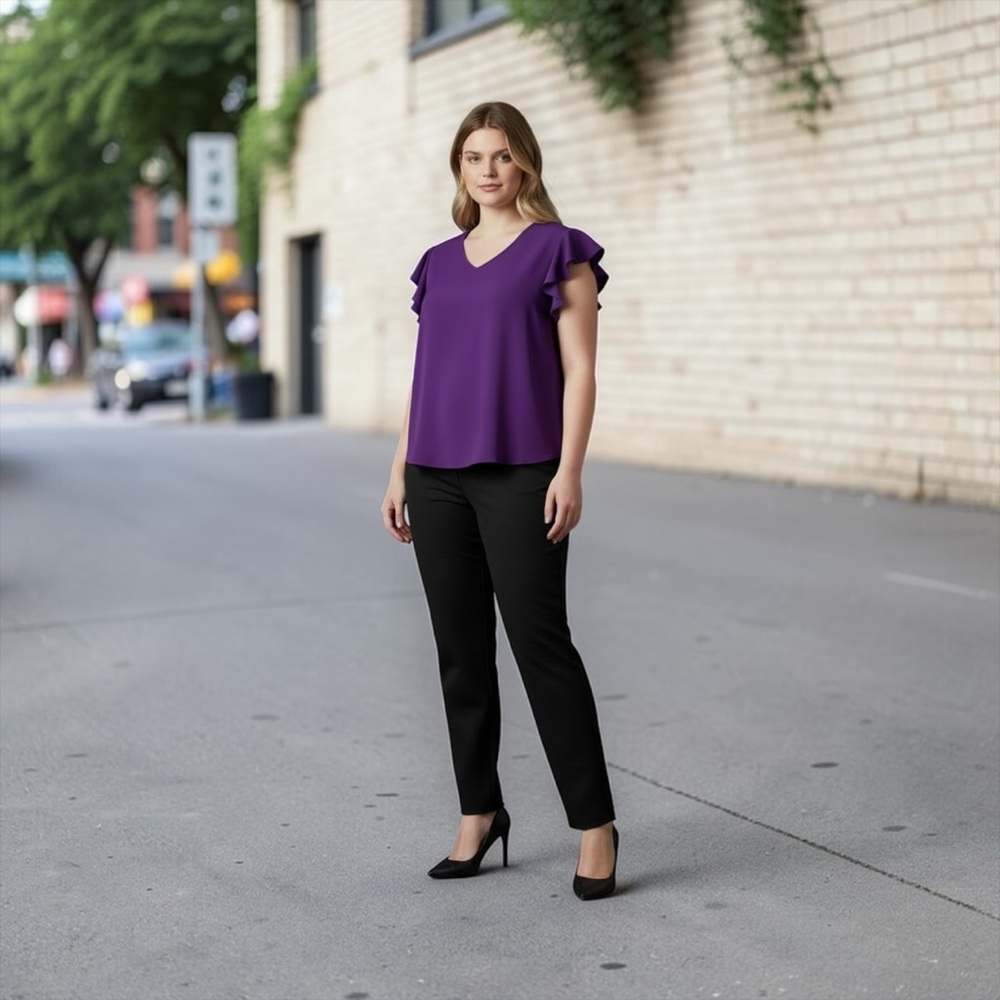 TAOHUADAO, Purple Satin Blouse – Ruffle Sleeves, Plus Size 2X